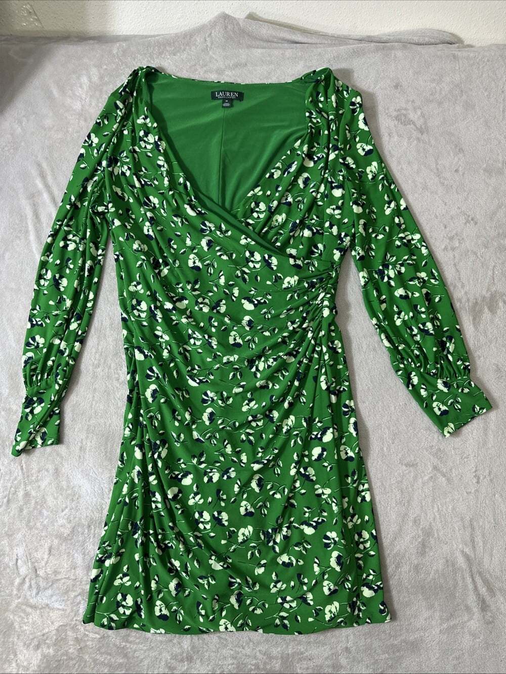 Lauren Ralph Lauren Women’s Size 18 Green Floral Ruched Wrap Long Sleeve Dress